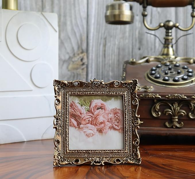 Hymmah 3 * 3inch Mini Wallet Picture Frame Vintage Photo Frame Ornate Textured Hand-Crafted Resin Frame with Easel&Hook for Tabletop&Wall Display,Photo Gallery,Art