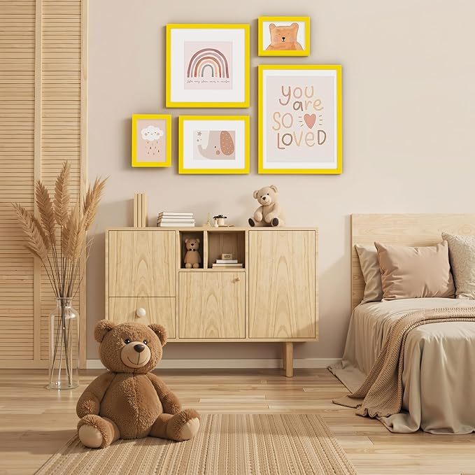 Vittanly 12x12 Picture Frame, Made of Solid Wood and Shatterproof Plexiglass, Display Pictures 8x8 with Mat or 12x12 without Mat, Wooden Photo Frame for Wall Mounting, Yellow, 1 Pack