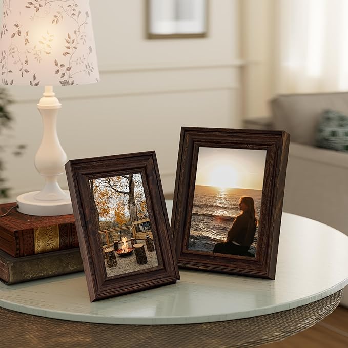 Vittanly 4x6 Picture Frame Set of 4, Vintage Photo Frame for Wall or Tabletop, Display 3.5x5 Pictures with Mat or 4x6 without Mat, Rustic Farmhouse Home Decor, Dark Brown