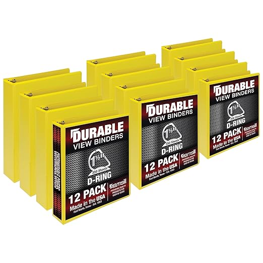 Samsill Durable 1.5 inch 3 Ring Binder, Made in USA, D Ring Binder, FSC 100% Recycled Chipboard, Yellow, 12 Pack