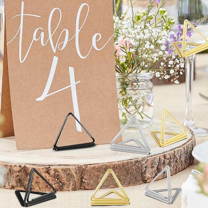 Bonsicoky 100 Pack Gold Place Card Holder - Triangle Shape Table Place Cards Holder - Mini Table Card Photo Picture Holders for Wedding Party Birthday Office
