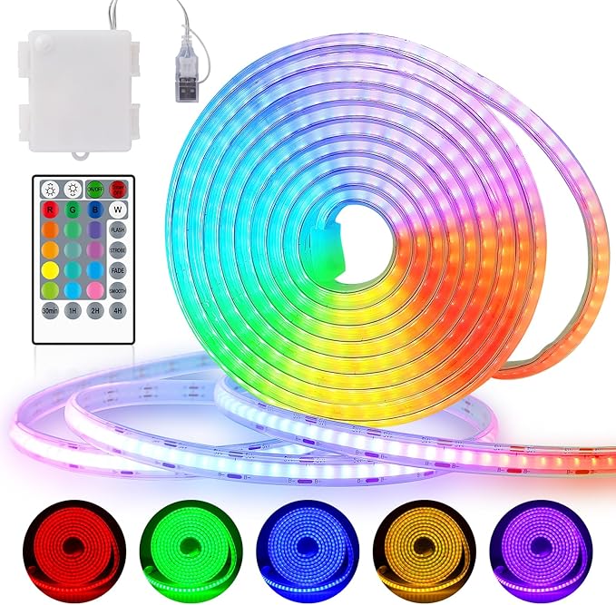 OMIKA 6.6FT 1152LEDs RGB COB LED Strip Lights Battery Powered, Remote Control Dimmable Color Changing Battery LED Strip Lights Cuttable Flexible for Outdoor Indoor Decoration