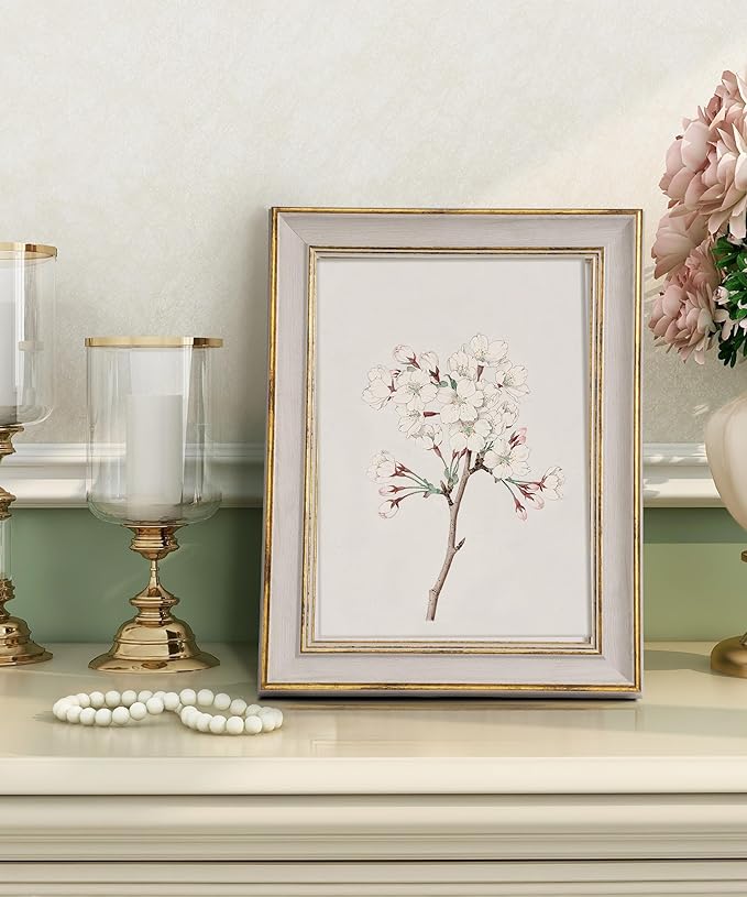 Afuly A4 Picture Frame White Gold Vintage Elegant Retro Antique Distressed Unique Wall Hang Desktop Photo Display Home Decor Anniversaries Birthday Gifts for Women Mom Grandma Parents