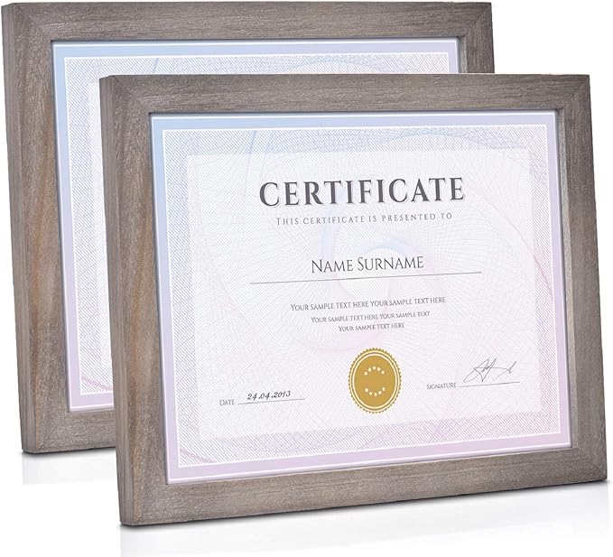 Emfogo Picture Frames 8.5 x 11 Certificate Frames Diploma Frame with Stand Rustic Wood Document Frames with High Definition Glass for Wall or Tabletop Display Set of 2 Weathered Grey