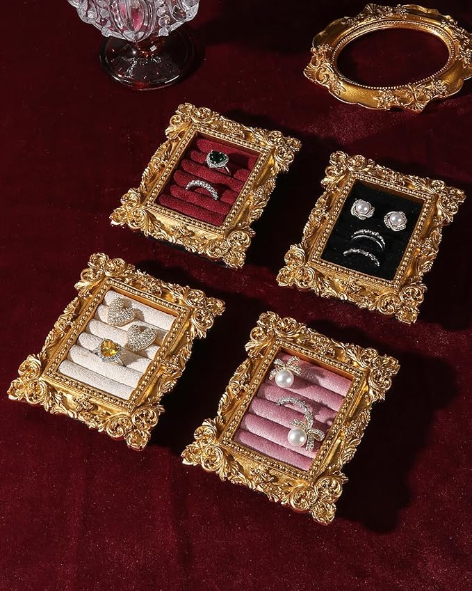 COOLYOUTH Vintage Ring Holder Ring Display Stand Frame Jewelry Organizer Velvet Tray for Jewelry (Medium-Red)