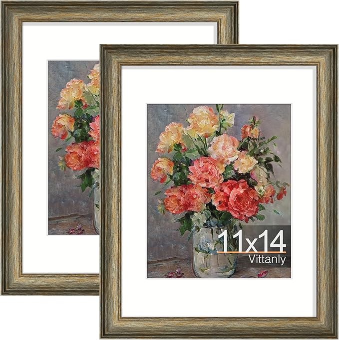 Vittanly 11x14 Picture Frames Set of 2, Ornate Vintage Photo Frame for Wall or Tabletop, Display 8x10 Pictures with Mat or 11x14 without Mat, Vintage Green