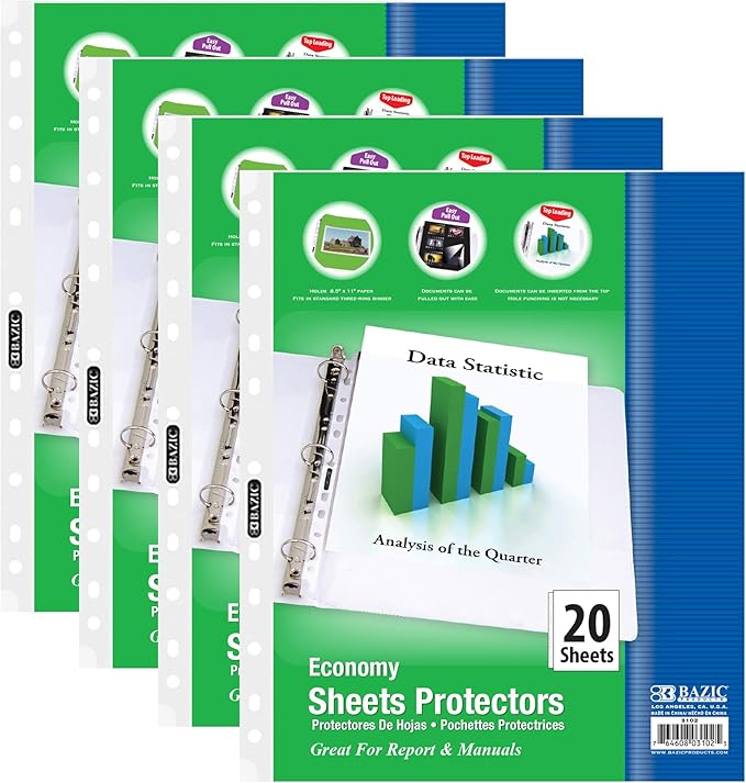 BAZIC Products Sheet Protectors Economy, Fit 8.5x11 Inch Paper, 11 Hole Clear Plastic Sleeves Ring Binder Sheets, Archival Safe (20/Pack), 4-Packs