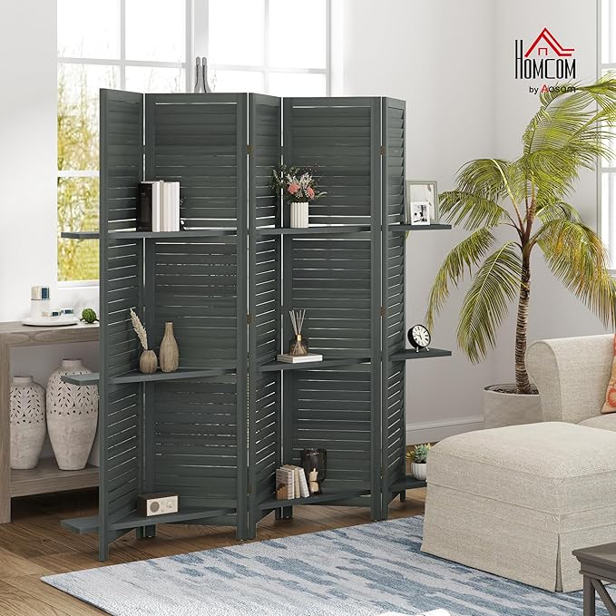 HOMCOM Room Divider, 5 Panel 67" Tall Wood Privacy Screen with 3 Display Shelves, and Folding Storage for Bedroom or Home Office, Gray