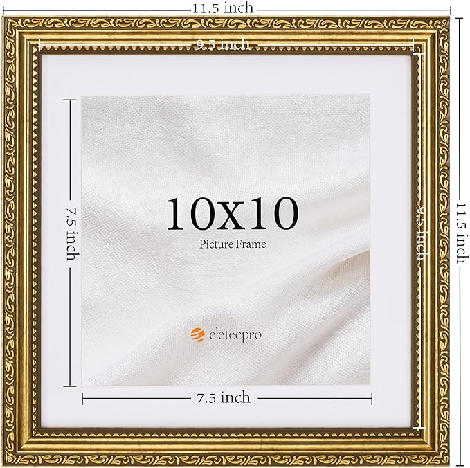 eletecpro 10x10 Picture Frames Set of 4, Antique Frame with Glass Cover, Vintage 10 x 10 Gold Photo Frames Display 8x8 Photo with Mat or 10x10 without Mat for Tabletop or Wall Decor, Gold