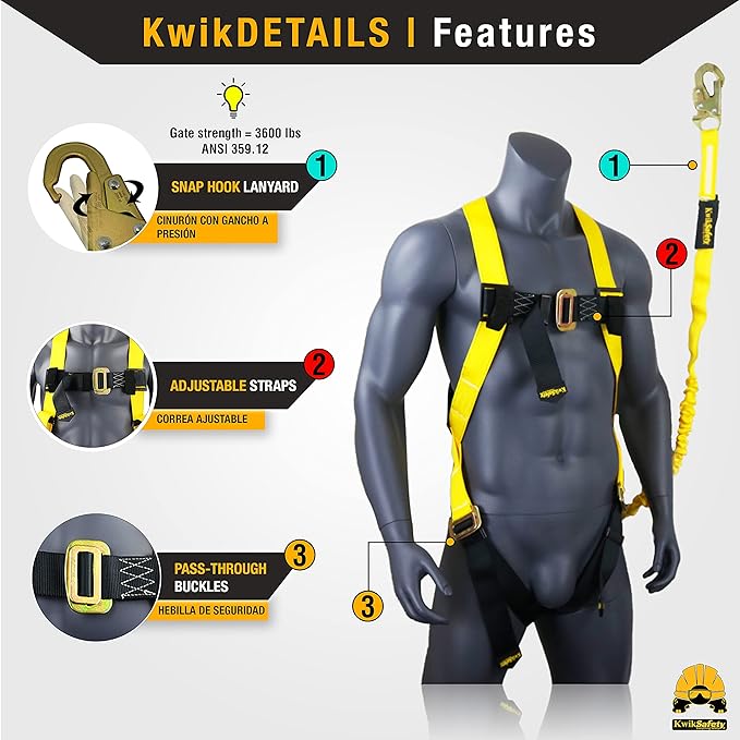 KwikSafety - Charlotte, NC - Gibbon Grip 3 ft [KIT] Safety Anchor Cross Arm Strap Safety Lanyard Safety Harness and 10 lb Tool Lanyard ANSI Fall Arrest System OSHA Protection Harness Lanyard