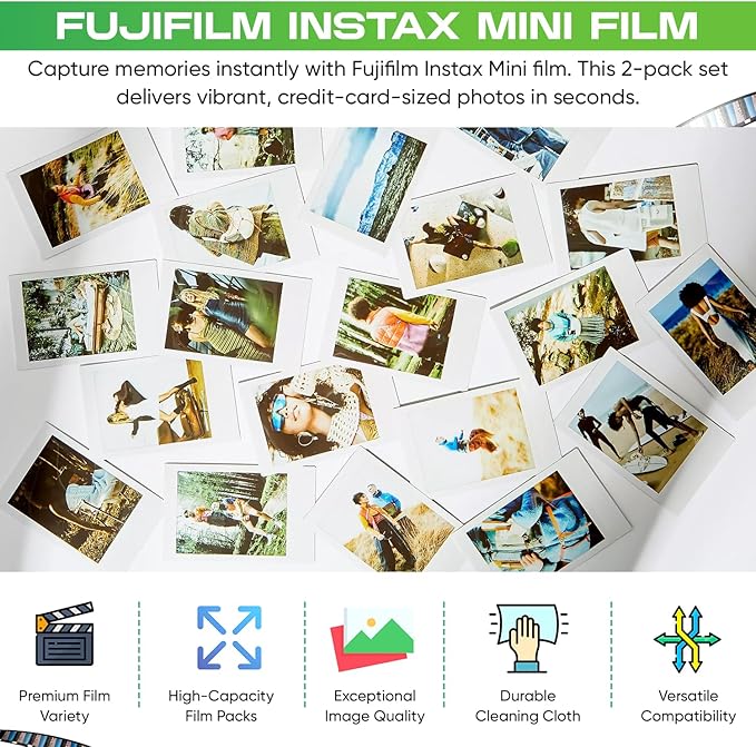Fujifilm Instax Mini Film - Twin Pack 20 EXP Total, ISO 800, Compatible with Instax Mini Evo, 12, 11, 9 Models, Includes Balveli Premium Microfiber Cleaning Cloth