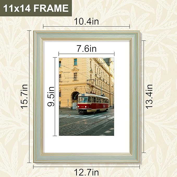 Vittanly 11x14 Picture Frame Set of 4, Vintage Photo Frame for Wall Mount, Display 8x10 Pictures with Mat or 11x14 without Mat, Rustic Farmhouse Home Decor, Light Green