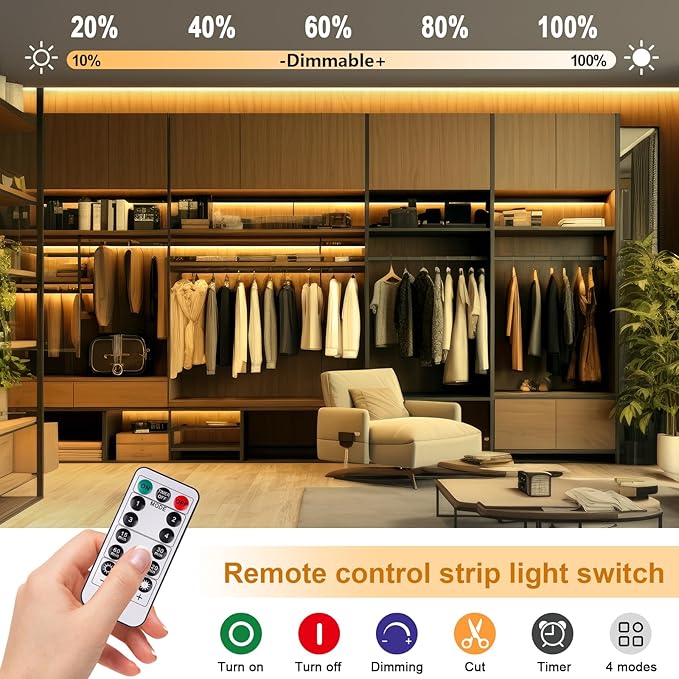 OMIKA COB LED Strip Lights, 6.56FT 2700K Warm White Battery Powered 640LED LED Strip Lights with Remote Control Timer Dimmable Flexible Cuttable Tape Lights for Cabinet Shelves Bedroom