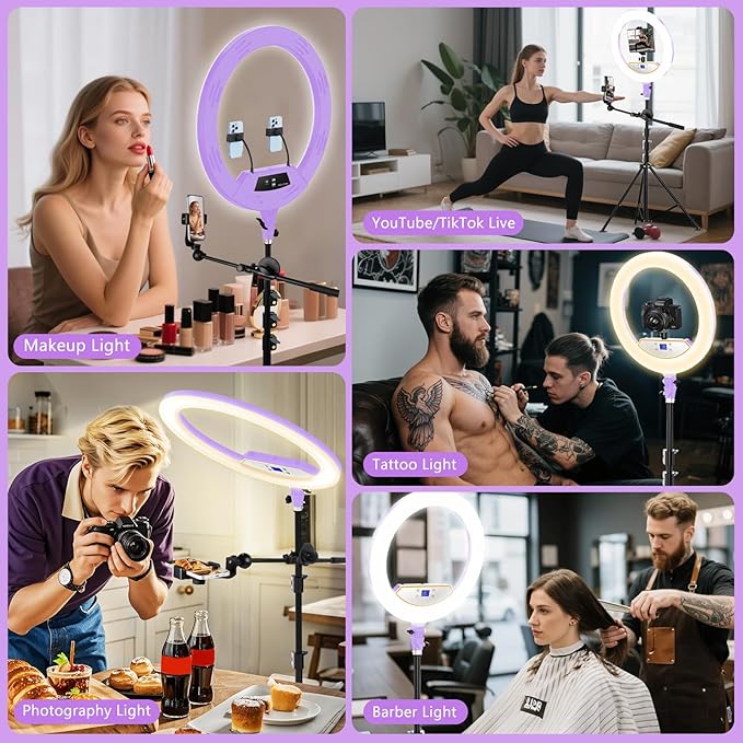 Ring Light 22inch Kit: Ring Light Tripod for iPhone ipad, with 75" Tripod/LCD Display/2 USB Ports Overhead Phone Mount for Video Recording, Zoom Meeting,YouTube,TikTok (Purple)