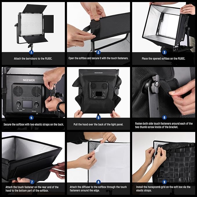 NEEWER Upgraded Softbox Diffuser for PL60C RGB LED Video Light Panel, 15.4"x12.6"/39x32cm Foldable with Grid/Bag/Blackout Hood, No Need to Remove Barndoors Quick Set Up for Portrait Soft Light, NS6S