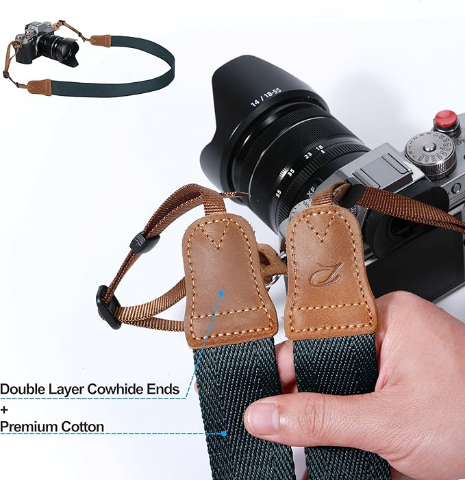 Padwa Lifestyle Dark Blue Green Camera Strap -Double Layer Crazy Horse Cowhide End,1.5" Wide Pure Cotton Woven Camera Straps,Adjustable Neck Shoulder Strap for All DSLR Cameras,Gift for Photographers