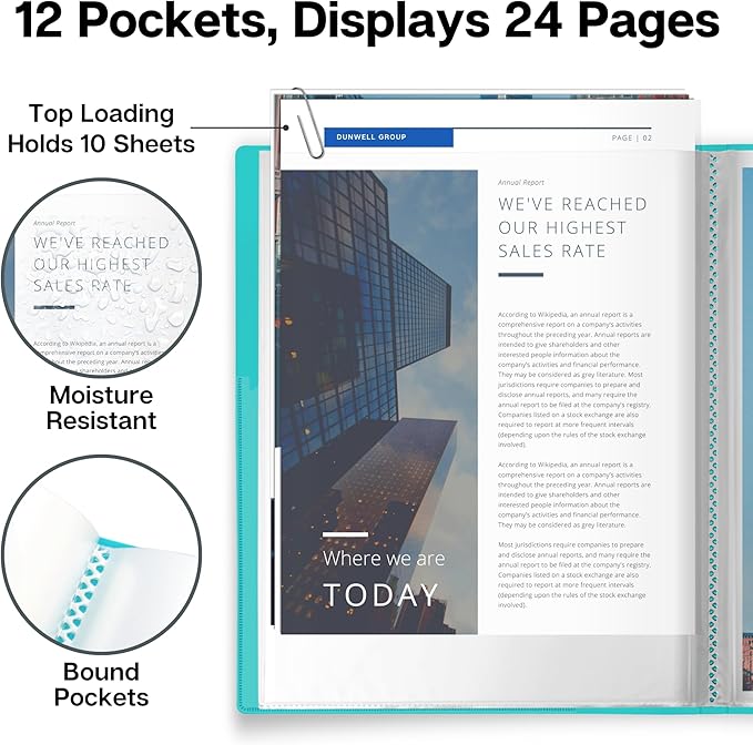 Dunwell Presentation Binder 12-Pocket, Displays 24 Pages, 8.5x11 Portfolio Binder with Plastic Sleeves, Storage and Organizer for Documents, Certificates, Projects, Photos (6 Pack, Aqua)