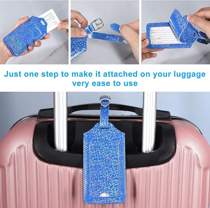 ACdream Luggage Tags 2 Pack, Leather Suitcase Tags Identifiers, Cute Cruise ID Labels with Privacy Cover fits on Backpack, Travel Bag, for Women, Men, Adults, Kids, Royal Blue Glitter