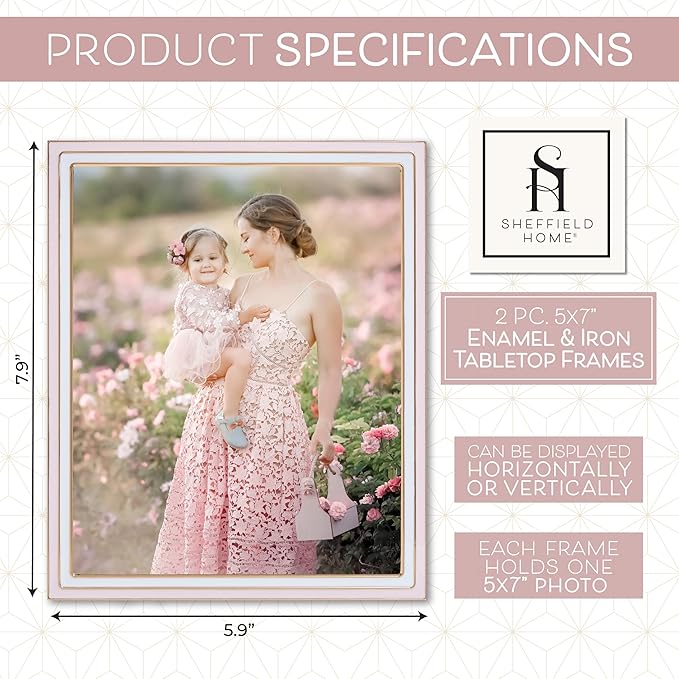 Sheffield Home Tabletop Picture Frame – Iron Enamel Decorative Display Frame for Home or Office, 5x7 Inch, Light Pink