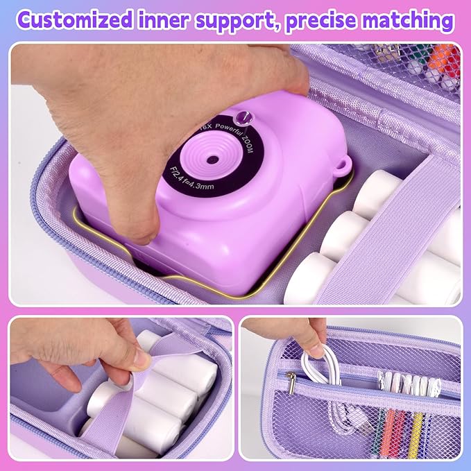 Kids Instant Print Camera Case for ESOXOFFORE Digital Video Cameras with 3 Rolls Paper Refill, Toddler Film Camera Storage Holder Bag with Mesh Pocket for Thermal Paper Accessories (Box Only)- Purple