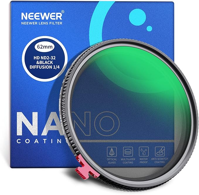 NEEWER 62mm Black Diffusion 1/4 Effect with ND2-ND32 Variable ND Filter 2 in 1, HD Neutral Density Filter with Dreamy Cinematic Features, Water Repellent/Scratch Resistant/Dust Proof, No X Cross