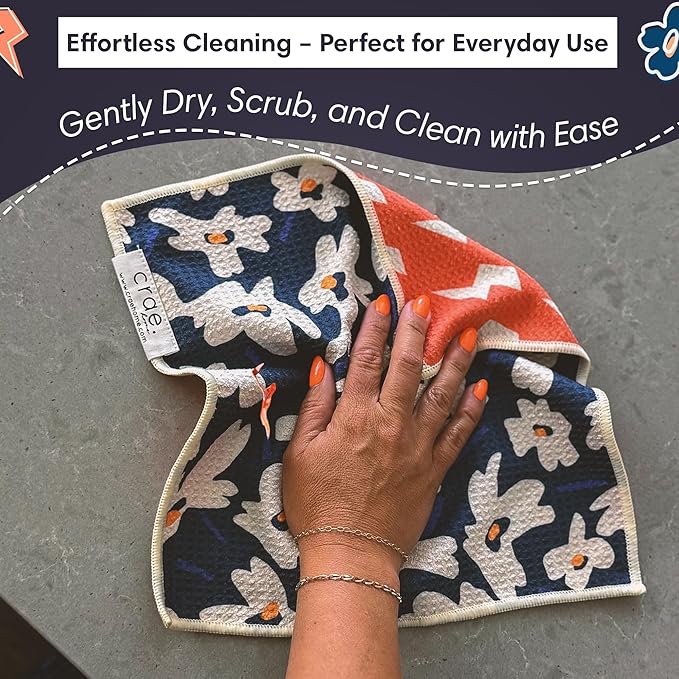 crae. Reversible Microfiber Washcloths 12x12 – Super Absorbent, Quick Drying Waffle Weave – Lint-Free, Scratch-Free Cleaning Cloths for Kitchen, Home, Cars & Windows (Aqua Daisy- Blue/Orange)