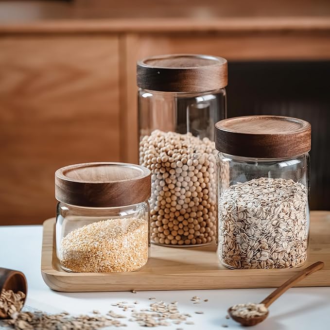MOLADRI 17 oz/500 ml Clear Glass Storage Canister with Airtight Wooden Screw Lid, Small Cute Decorative Glass Container Jar for Coffee,Spice,Candy,Salt,Cookie,Condiment,Pepper,Sugar,Overnight Oatmeal