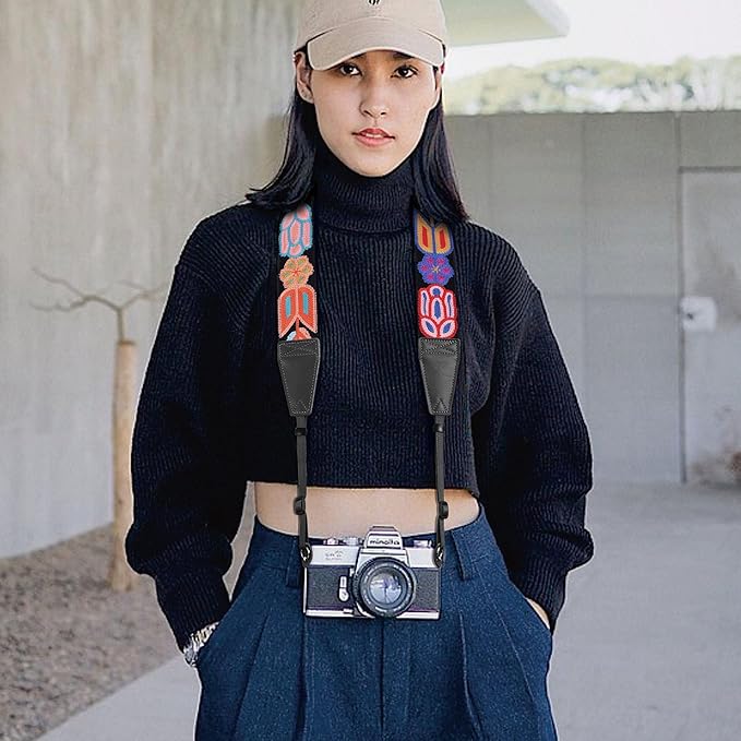 Padwa Lifestyle Colorful Crochet Camera Strap - 2" Full Grain Leather Ends Camera Straps for Photographers, Vintage Woven Cotton Soft Suede Fabric Padded Strap with Quick Release fits All Cameras