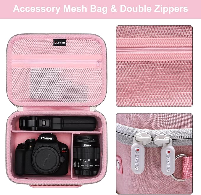 Camera Case Compatible with Canon EOS Rebel T7/R50/R6 Mark II/R100/R50 V/T6/R8/R10/R5 Mark II/RP/R7/5D Mark IV/SL3/R5/T100 DSLR SLR Camera, Len and Tripod with 4 Dividers and Shoulder Strap, Pink