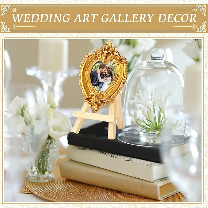 Remerry 10 Pcs Gold Vintage Picture Frame Antique Mini Frame Small Photo Display Miniature Tiny Resin Jewelry Display 4 Inch Wooden Stand for Home Wedding