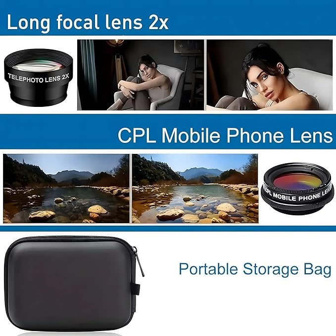 7 in1 Mobile Phone Camera Lens, Mobile Phone Lens Kit, Universal Clip, for iPhone, for Samsung, for Android Smartphone, On Wide Angle+Macro+ Fish Eye+Kaleidoscope+Star Filter+CPL Lens(Black)