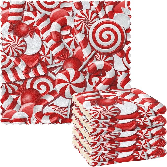 VIGTRO 6 Pack Super Absorbent Kitchen Towels, Christmas Candy Canes Premium Dish Cloths Towels, Sugar Red Sweets Gift Washable Fast Drying Dish Rags Reusable Cleaning Cloth 11x11