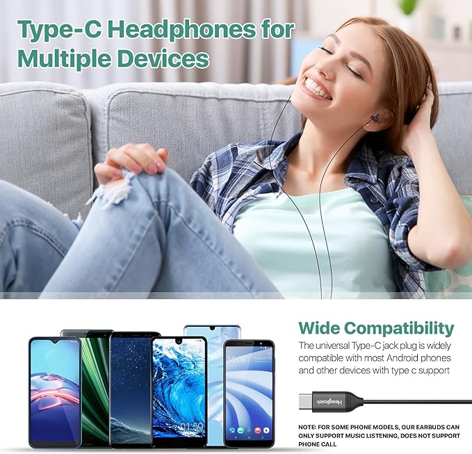 Hearprotek Sleep Headphones, 1 Pair USB C Wired Earbuds with Soft Silicone Noise Reduction Type C Earbuds with Microphone, Ideal for Sleeping, snoring, Relaxation (Black)