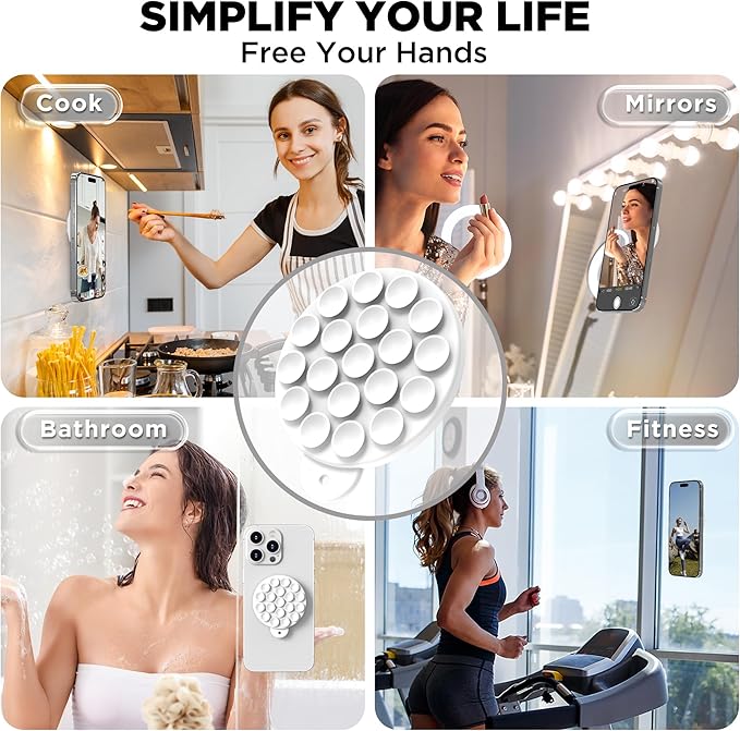 Magnetic Suction Cup Phone Mount, Compatible with MagSafe, Silicone Octo Cup Buddy Sticky Grip Holder for iPhone and Android, Removable Hands-Free Phone Stand Selfie/Video for TikTok, White