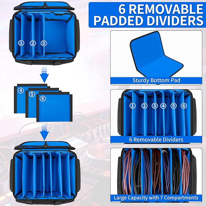 DJ Cable File Bag with 6 Detachable Dividers High Capacity Gig Cable Bag for Cords,DJ Gear,Sound Instrument and Accessories, Blue