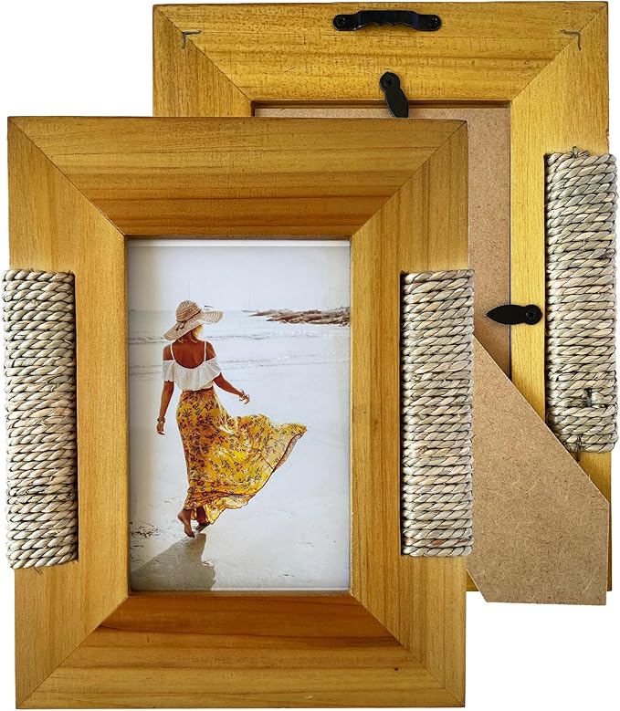 BoHo Wicker Accent Solid Wood Picture Frame for 4x6 Photo or Artwork - Bohemian, Coastal or Beach Style, Wall & Tabletop Decor Picture Frame, All Natural Wood & Seagrass - Golden Brown