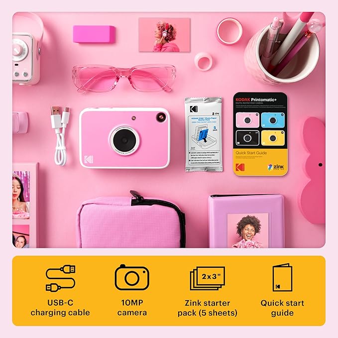 Kodak Printomatic+ Instant Print Digital Camera (Pink) 10MP Portable Camera with Interactive RGB LED Status Indicator, Prints Full-Color Photos on Zink 2x3” Sticky-Backed Photo Paper - Easy & Fun