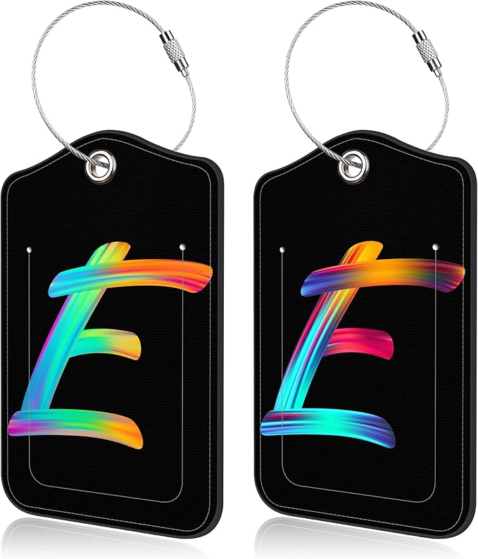 Luggage Tags for Suitcase,2 Pack Neon Colorful Letters Luggage Tags,Leather Baggage Tags Identifiers with Privacy Name Address Labels and Metal Loop for Women Men Girls Travel,Letter E