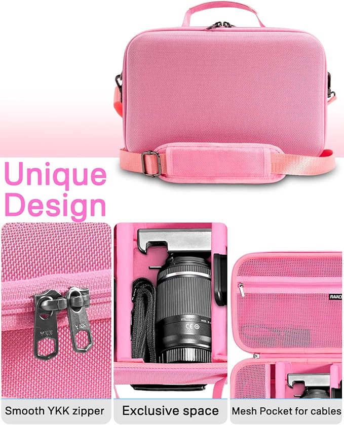 RAIACE Hard Case Compatible with Sony Alpha 7 II III IV/7R V Camera, for Nikon, for Canon, for Pentax and More. Large Capacity With Mesh Pocket for Lens, Charger, Cables, Cards and Accessories.-Pink