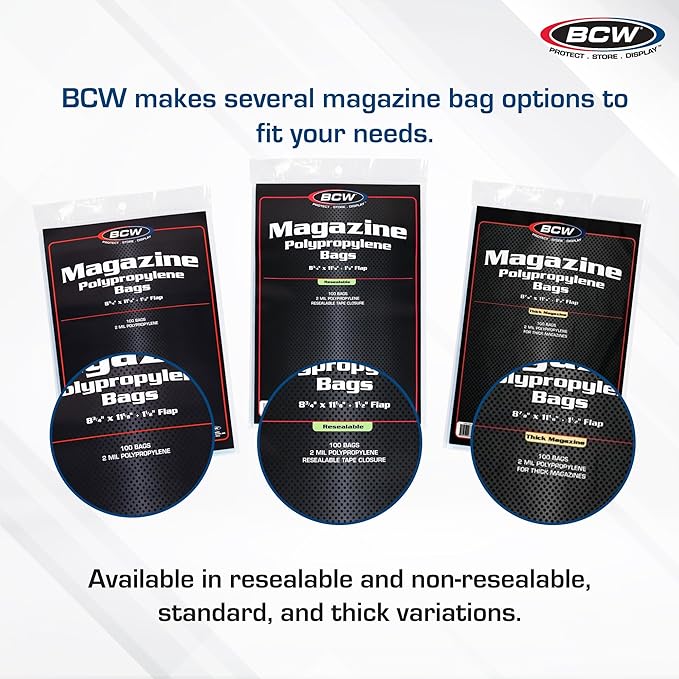 BCW Thick Magazine Bags - 1 Pack of 100 | Acid-Free, Clear Polypropylene Sleeves for Archival-Quality Storage of Collectible Magazines | Protect and Showcase Your Valuable Comic Book Collection