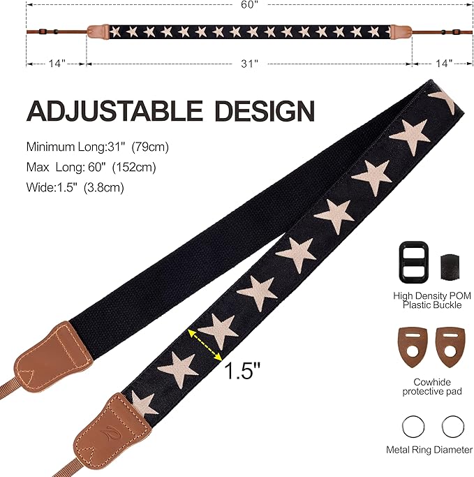 Padwa Lifestyle Pentagram Camera Strap - 1.5" Embroidered Star Cotton Crazy Horse Cowhide Head Camera Straps for Photographers and All Cameras,Cute Adjustable Vintage Woven Strap