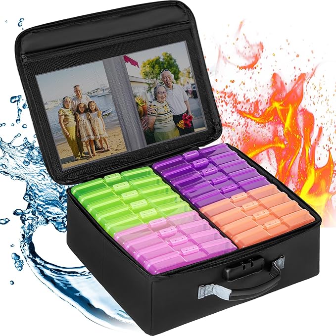IBVIVIC Fire-resistant Photo Storage Box with 12 Inner 4" x 6" Photo Case(Multiple colors),Photo Box Organizer with Lock
