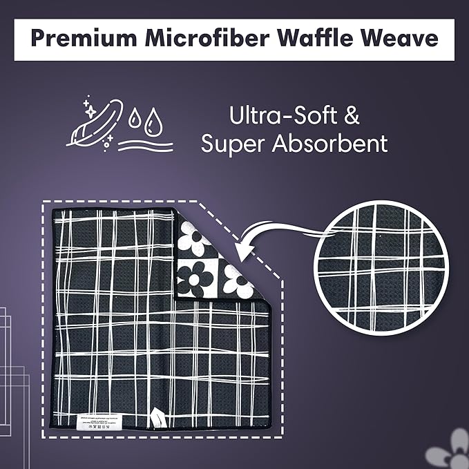 crae. Reversible Microfiber Washcloths 12x12 – Super Absorbent, Quick Drying Waffle Weave – Lint-Free, Scratch-Free Cleaning Cloths for Kitchen, Home, Cars & Windows (8 Track- Black/White)