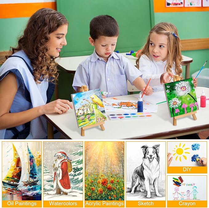 Mimorou 64 Pack 4 x 4 Inch Mini Canvases with Easel Sets for Painting Small Art Stretched Canvases Panels Pack for Kids Classroom Crafts Valentine's Day Painting Gift Easter Crafts