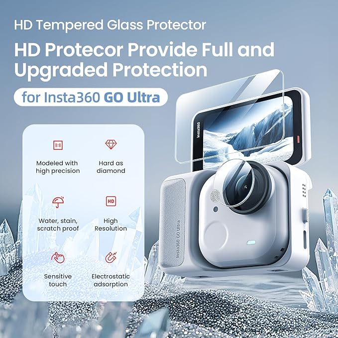 aMagisn Silicone Protective Case for Insta 360 GO Ultra with 2Pcs HD Tempered Glass Screen Protectors and 2 Lens Films, Shockproof Anti-Scratch Full Body Skin for Insta360 GO Ultra Camera Accessories