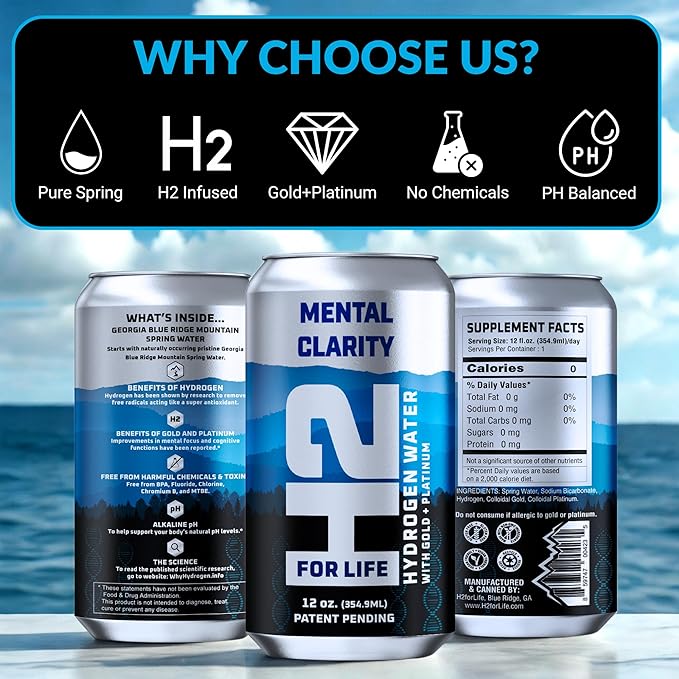 H2ForLife Hydrogen-Rich Spring Water with Colloidal Gold & Platinum – Ultra-Pure Hydration for Mental Clarity, Energy & Focus – 4.6ppm Hydrogen – 12 oz BPA-Free Cans (48 Pack)