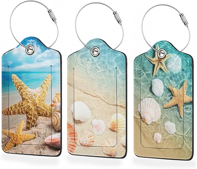 3 Pack Luggage Tags,Ocean Beach Starfish PU Leather Luggage Tags for Suitcase,Name ID Labels with Privacy Cover Suitcases and Metal Loop for Travel Bag Suitcase