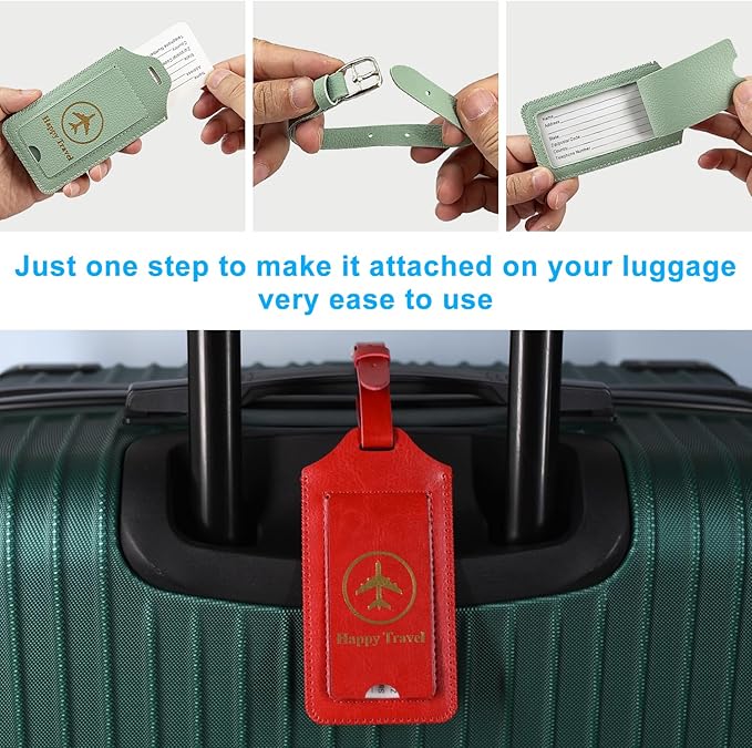 ACdream Luggage Tags 2 Pack, Leather Suitcase Tags Identifiers, Cute Cruise ID Labels with Privacy Cover fits on Backpack, Travel Bag, for Women, Men, Adults, Kids, Agave Green