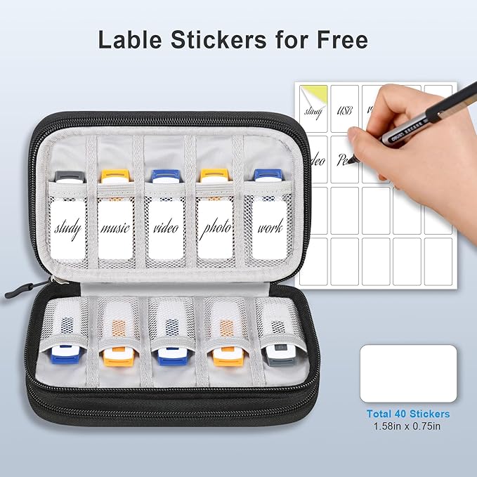 Lacdo USB Flash Drive Case, USB Case Organizer Thumb Drive Holder Portable Storage Bag Large Capacity for SanDisk/Samsung Flash Drives Jump Drive Memory Stick, SD Card, Cables, with Labels, Black