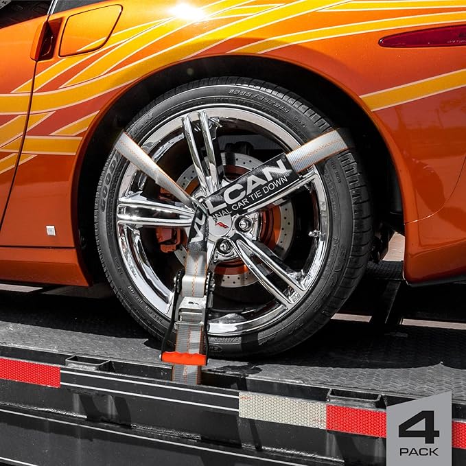 VULCAN Car Tie Down with Flat Hooks - Lasso Style - 2 Inch x 96 Inch - 4 Pack - Silver Series - 3,300 Pound Safe Working Load